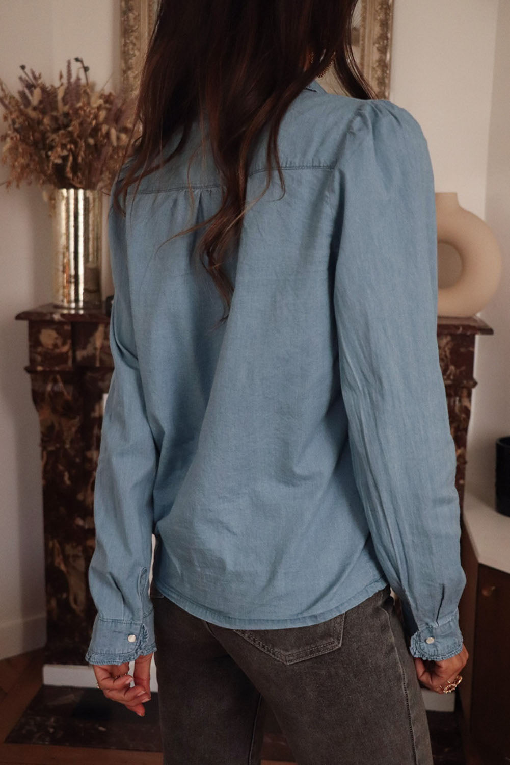 Camicia in Chambray con colletto risvoltato blu scuro