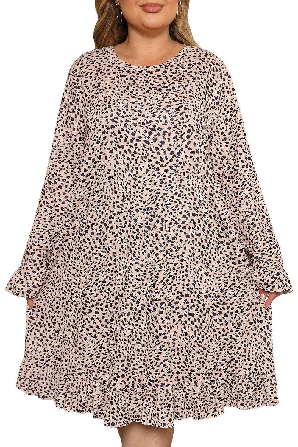 Leopard mini haljina dugih rukava velike veličine s volanima
