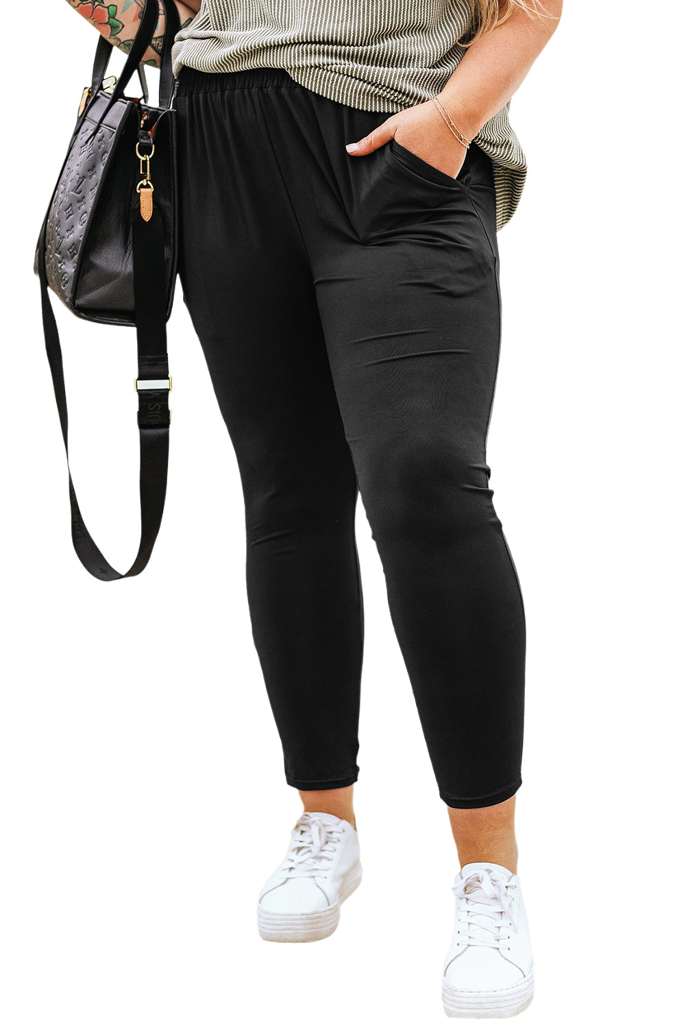 Black Plus Size Frill High Waist Pocketed Soft Pants