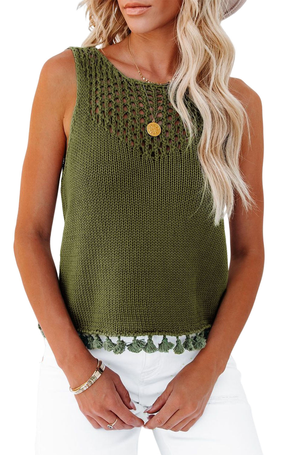 Green Tasseled Crochet Hollow-out Knit Tank