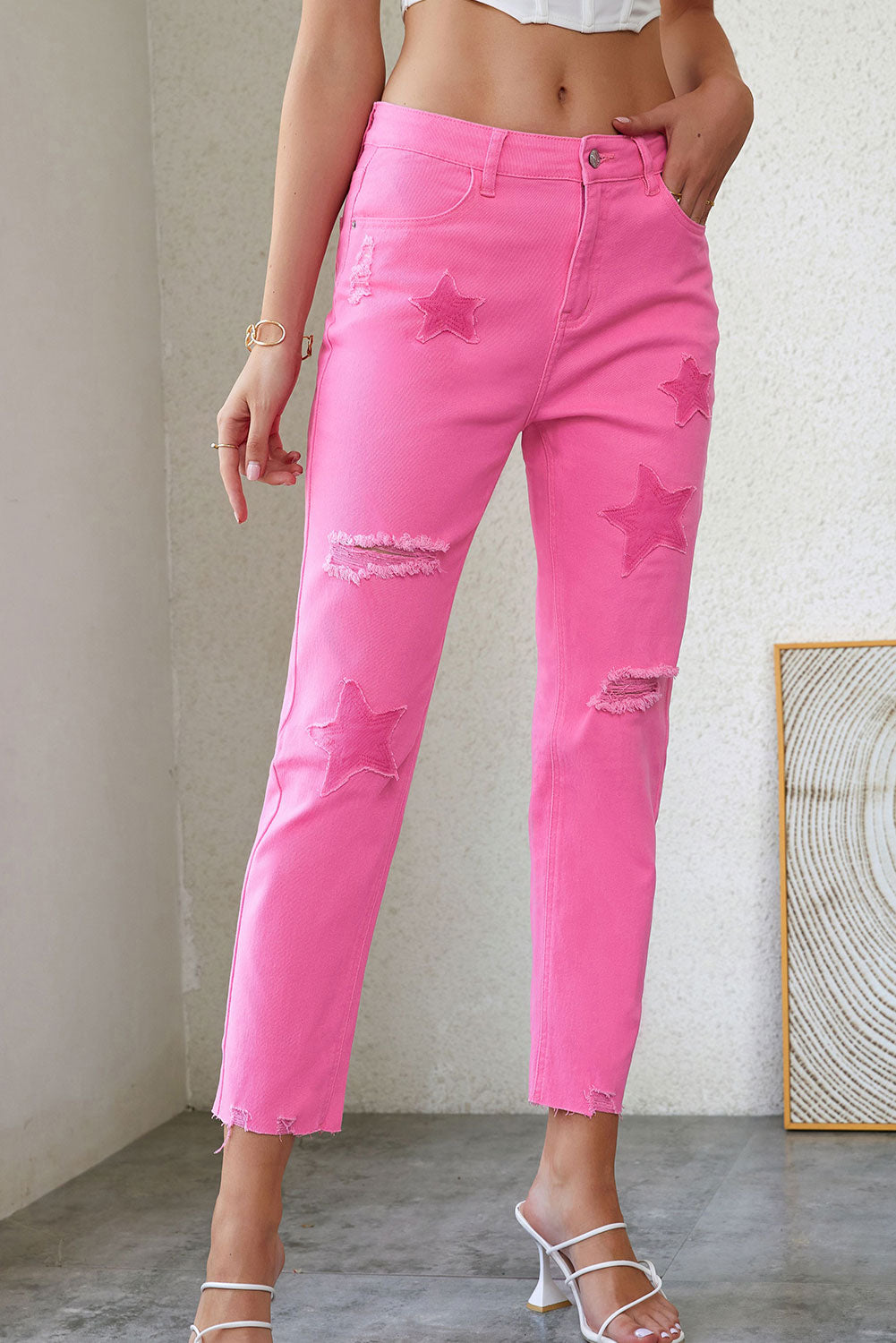 Jeans a gamba dritta a vita media patchwork rosa a forma di stella
