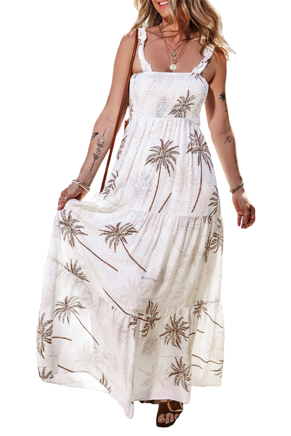 Bijela maksi haljina s naboranim naramenicama s tropskim printom