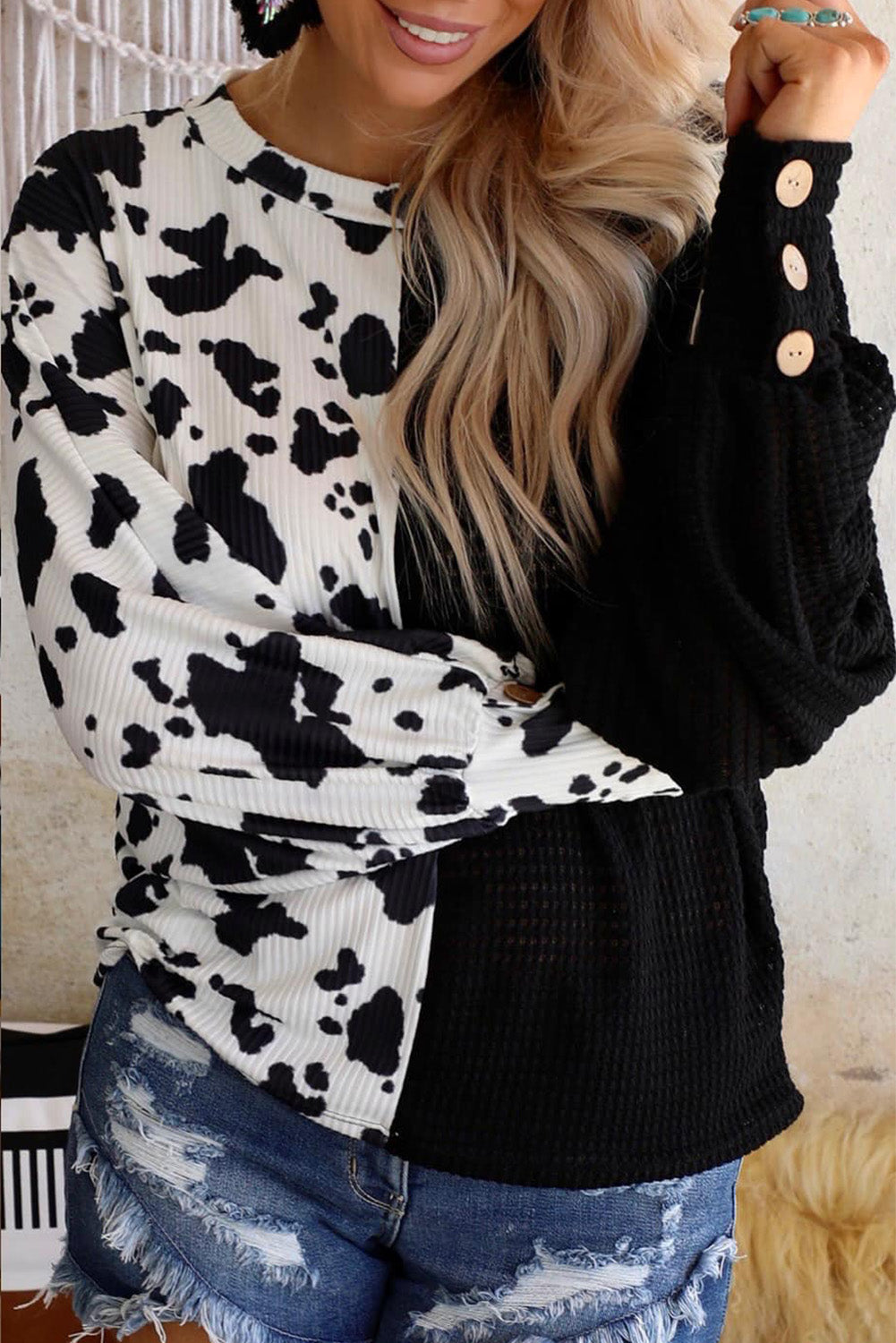 Haut à manches longues en tricot gaufré patchwork de vache noire