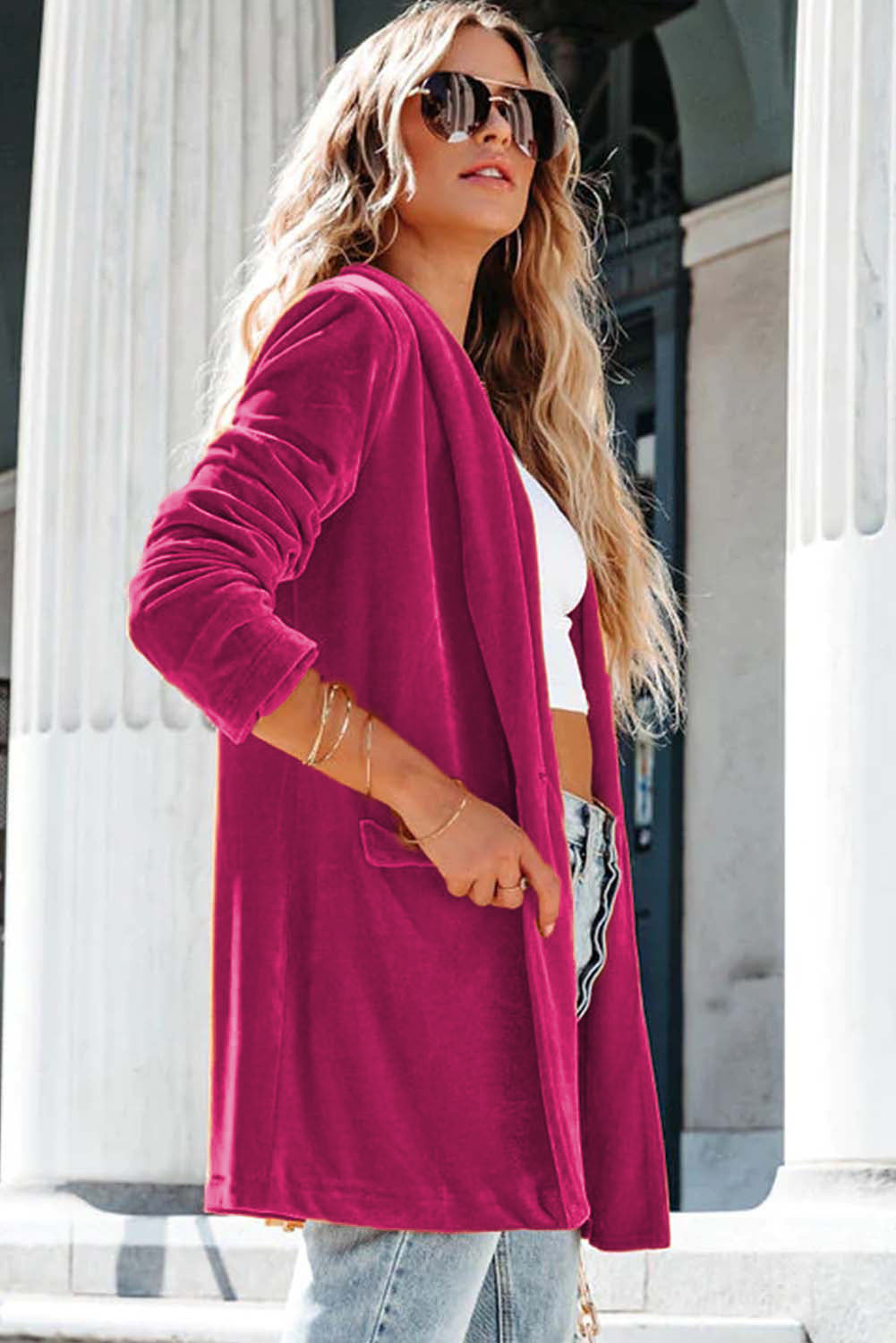 Red Casual Pocketed Velvet Blazer