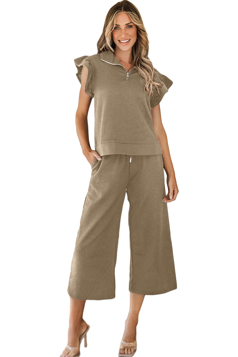 Pale Khaki Textured Flutter Sleeve Top Wide Leg Pants Set