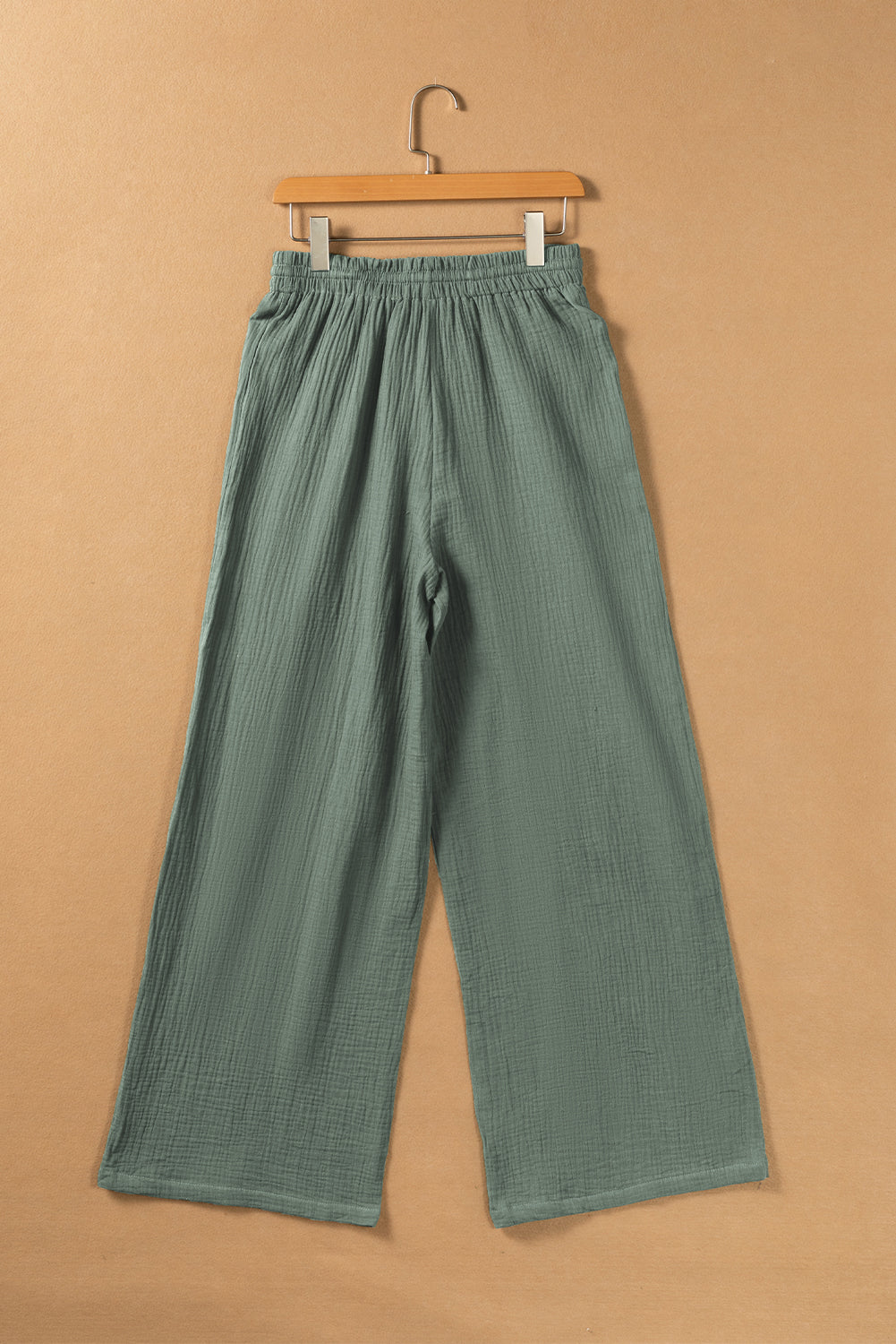 Green Crinkle Split Neck Top Loose Drawstring Pants Set