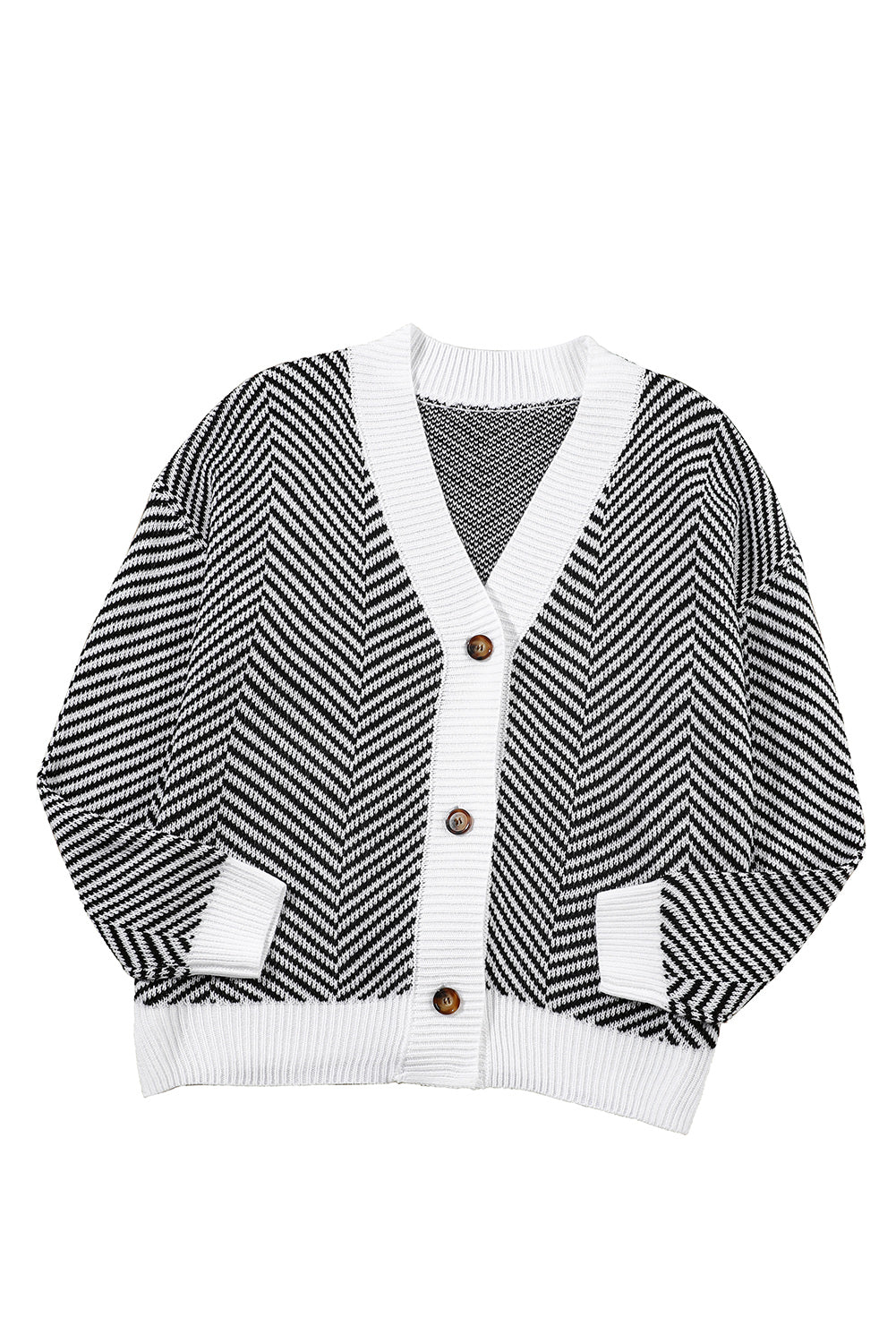 Schwarzer Pullover-Cardigan mit Zick-Zack-Streifen und Knöpfen