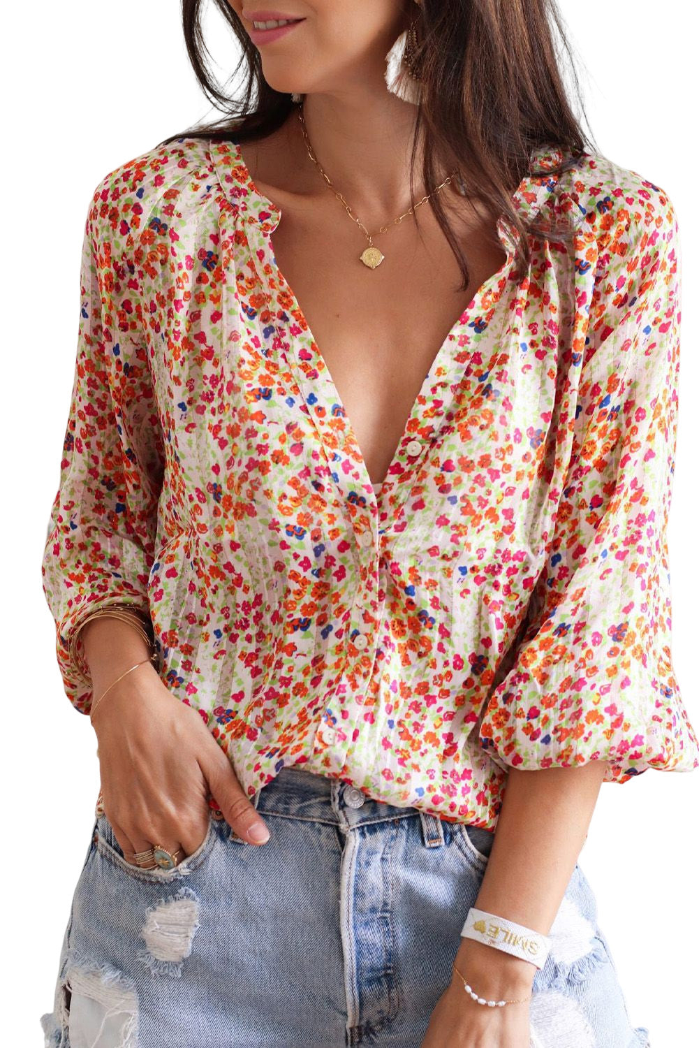 Chemise boutonnée sur le devant à imprimé floral bohème multicolore