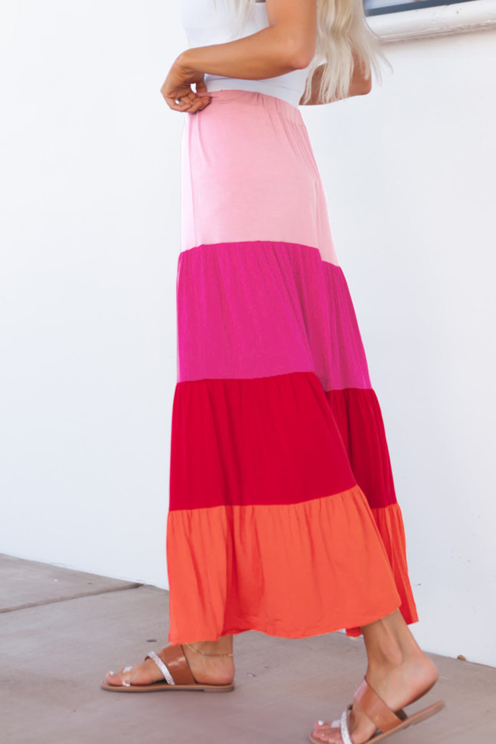 Pink Color Block Tiered Drawstring High Waist Maxi Skirt