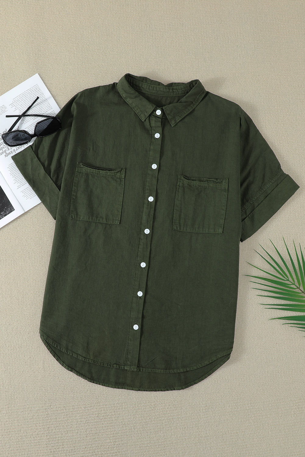 Green Turn-down Collar Short Sleeve Denim Shirt