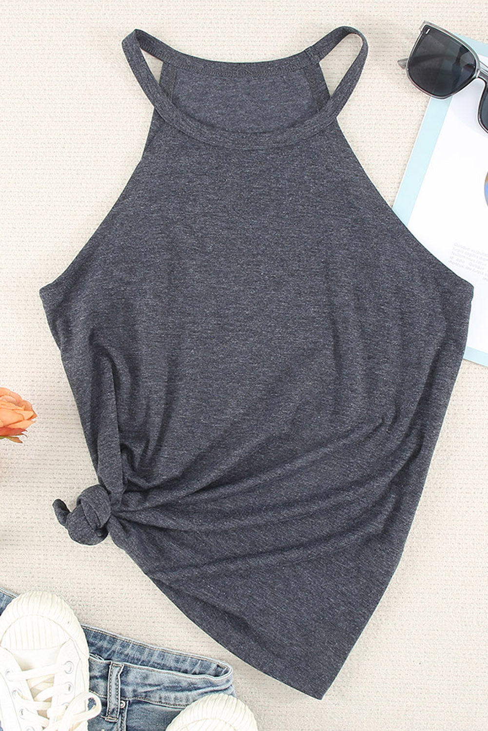 White Solid Color Crew Neck Tank Top