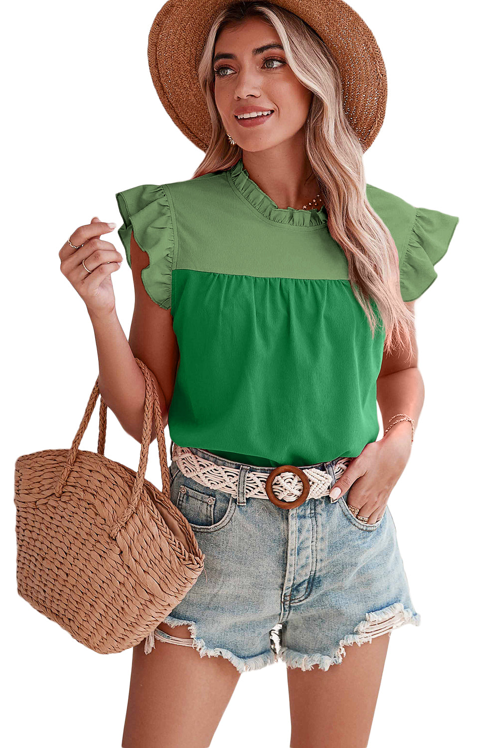 Bright Green Two Tone Ruffled Flutter Sleeve Blouse