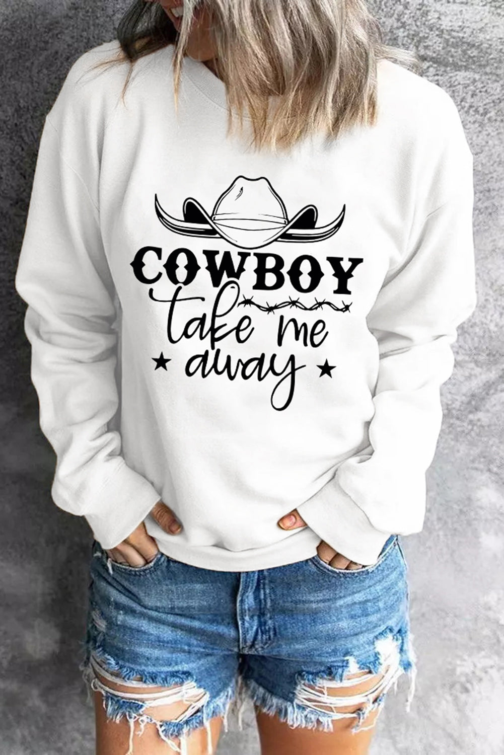 Weißes Sweatshirt mit COWBOY-Take-Me-Away-Grafik