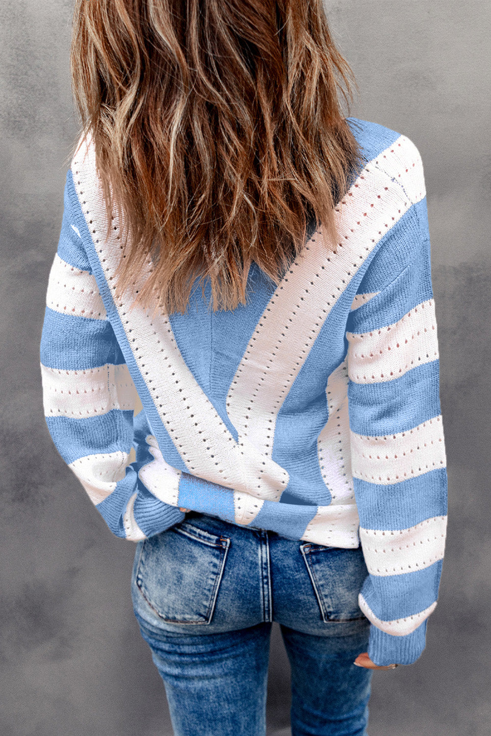 Gray Striped Colorblock V Neck Knitted Sweater