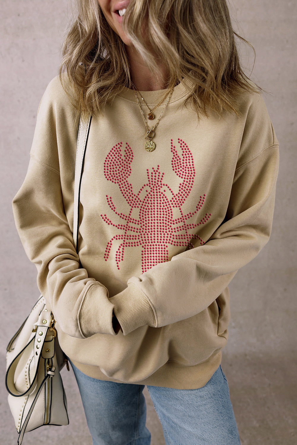 Pergament-Strass-Crawfish-Grafik-Rundhals-Sweatshirt in Übergröße