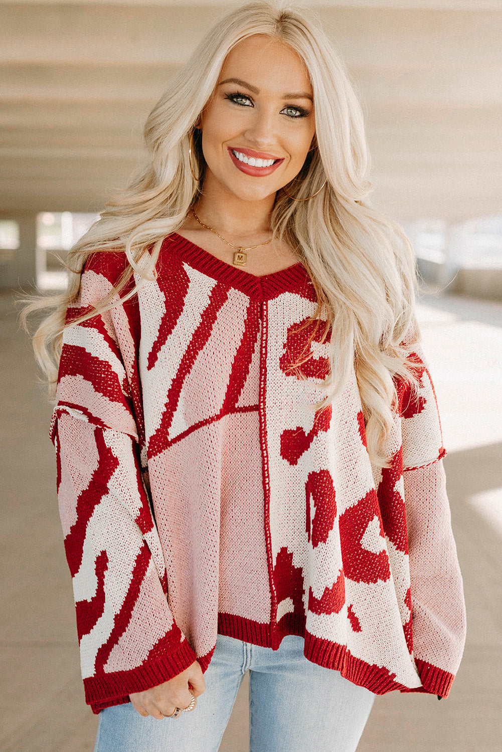 Fiery Red Mix Pattern Knit Ribbed Trim Oversize Sweater