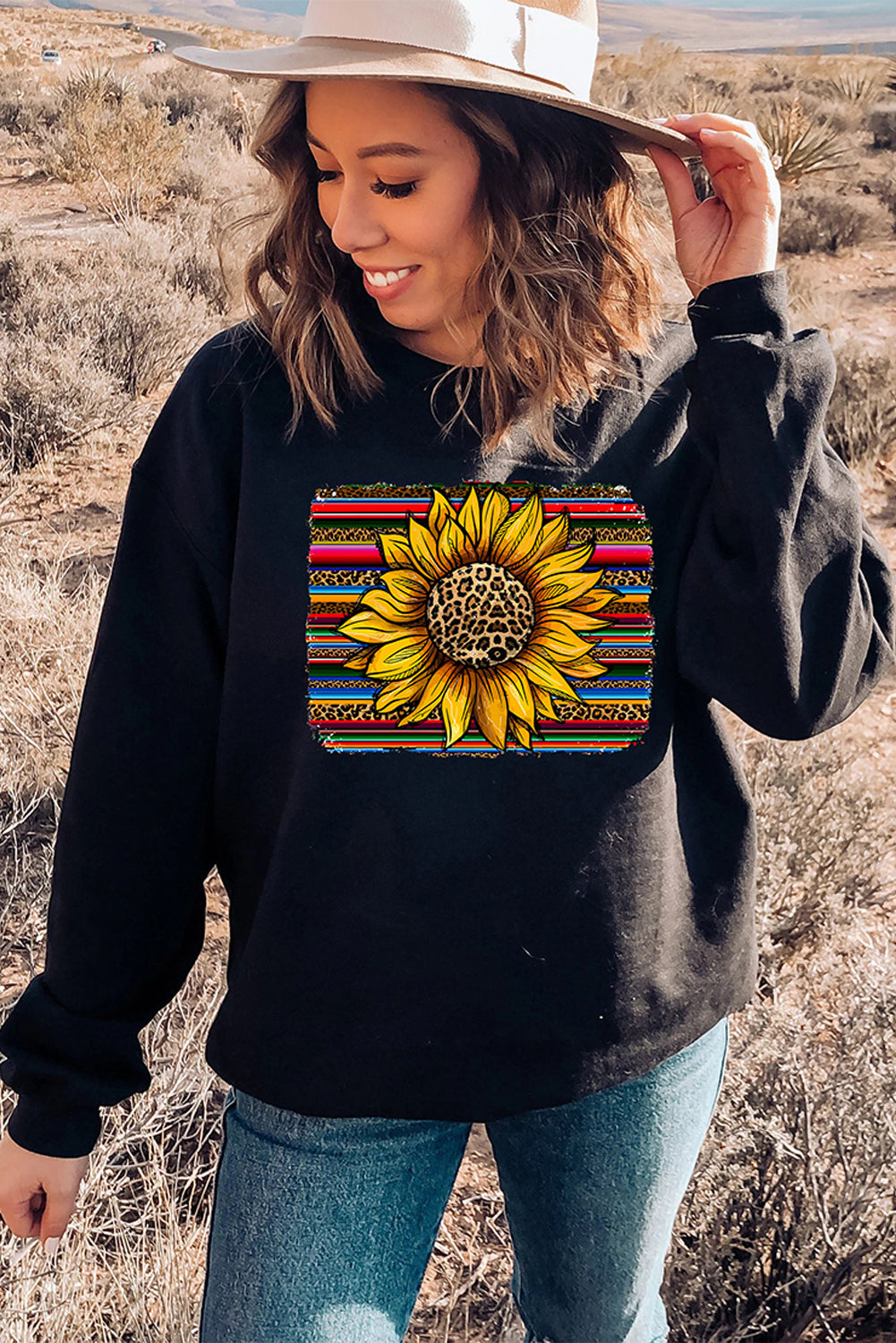 Black Leopard Striped Sunflower Print Pullover Sweatshirt