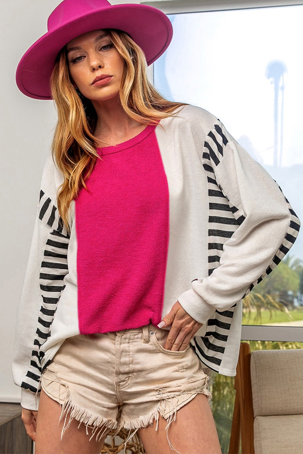 Rose Colorblock Exposed Seam Striped Long Sleeve Top