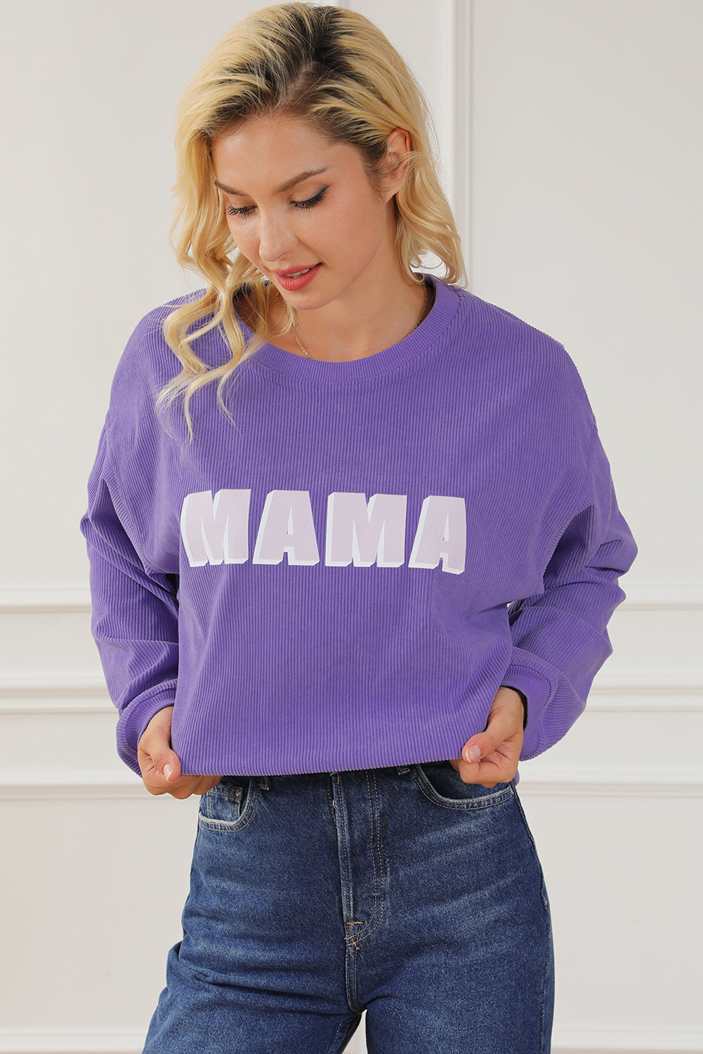 Lilafarbenes MAMA-Pullover-Sweatshirt mit geripptem Rundhalsausschnitt