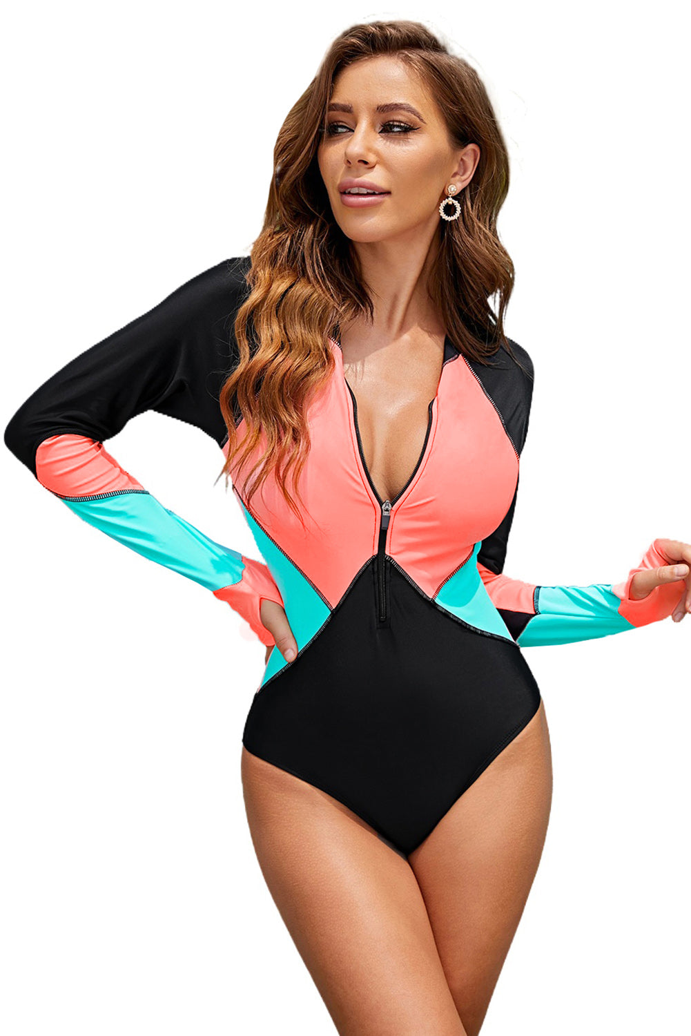 Ružičasti kupaći kostim s patentnim zatvaračem i dugim rukavima u boji Block