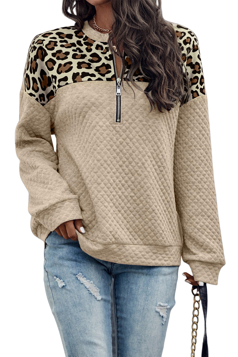 Graues Sweatshirt mit Reißverschluss und Leopardenmuster und tief angesetzter Schulterpartie