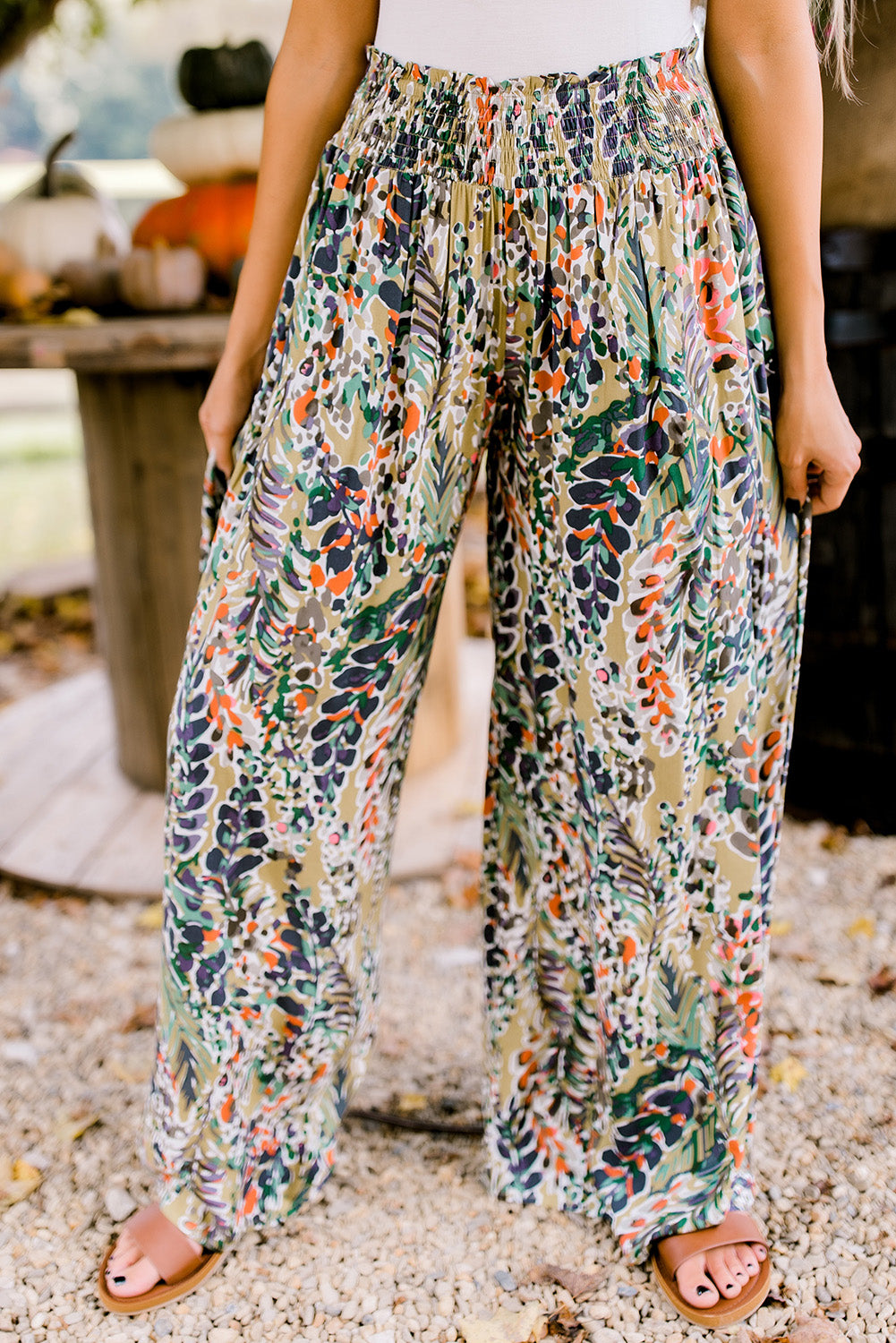 Pantaloni casual a gamba larga a vita alta arricciati con stampa floreale multicolore