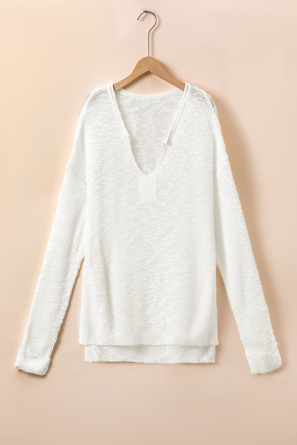 White Solid Color V Neck Side Split Sweater