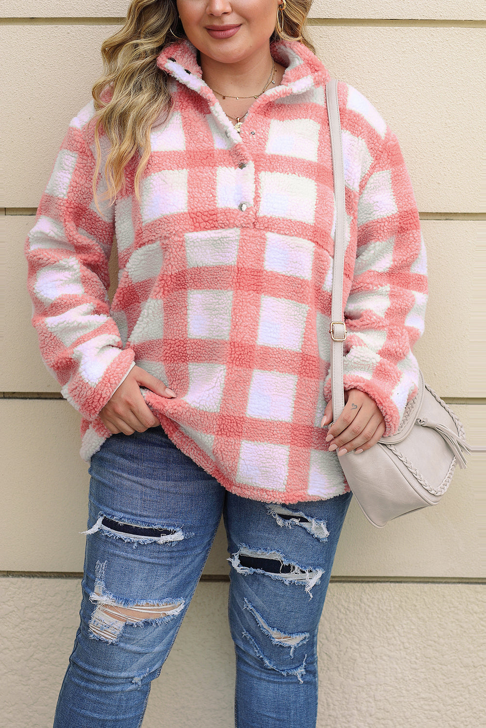 Pink Plus Size Tunic Plaid Sherpa Henley Sweatshirt