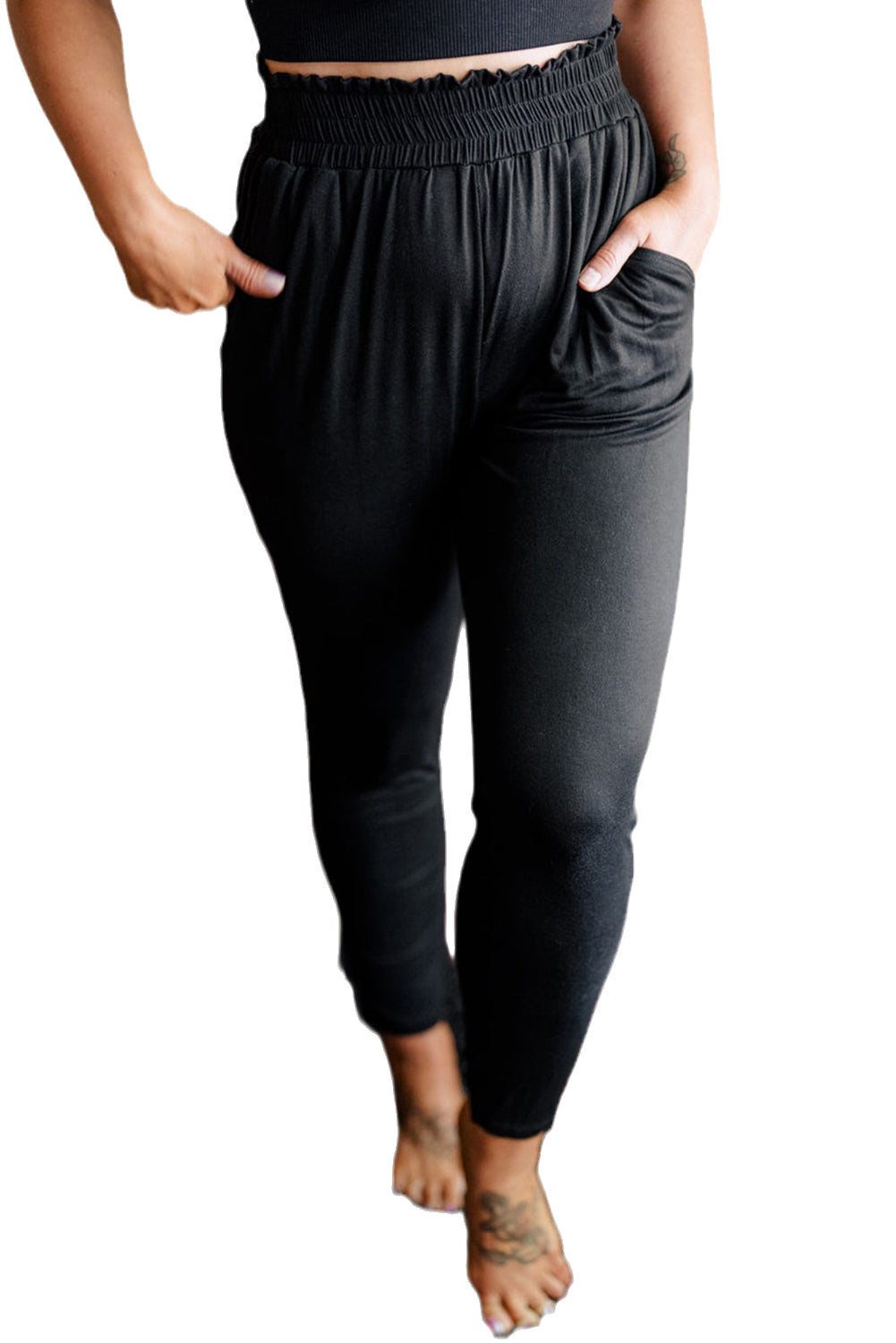 Schwarze Plus-Size-Hose mit Rüschen und Taschen und hoher Taille