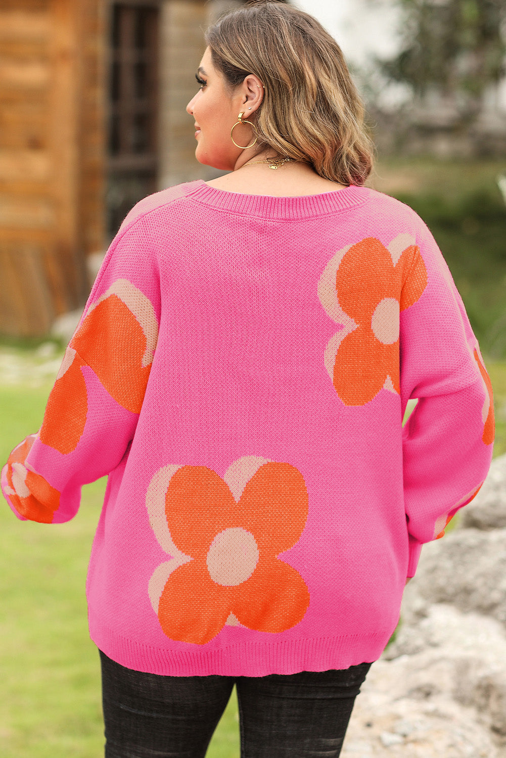 Bonbon Plus Size Pullover mit Blumenmuster und überschnittener Schulter