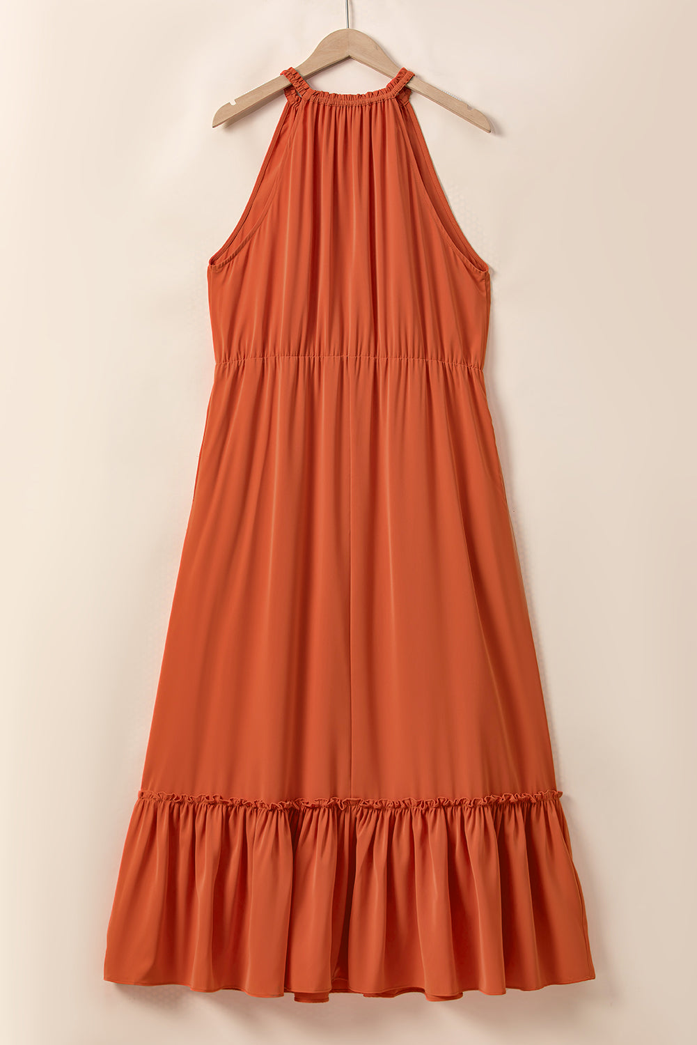 Russet Orange Plus Size ärmelloses langes Kleid mit Rüschensaum