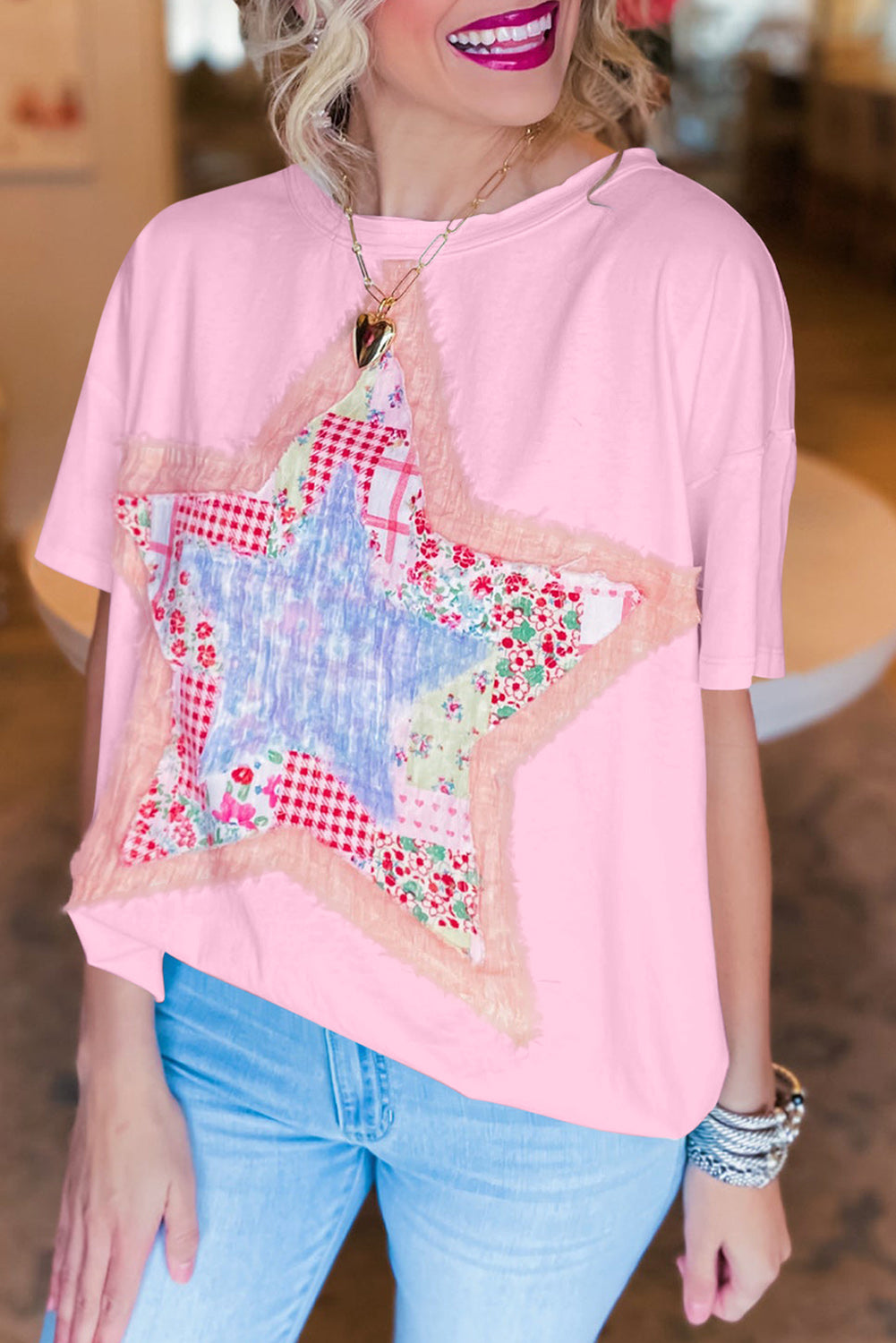 T-shirt ample patchwork étoiles rose