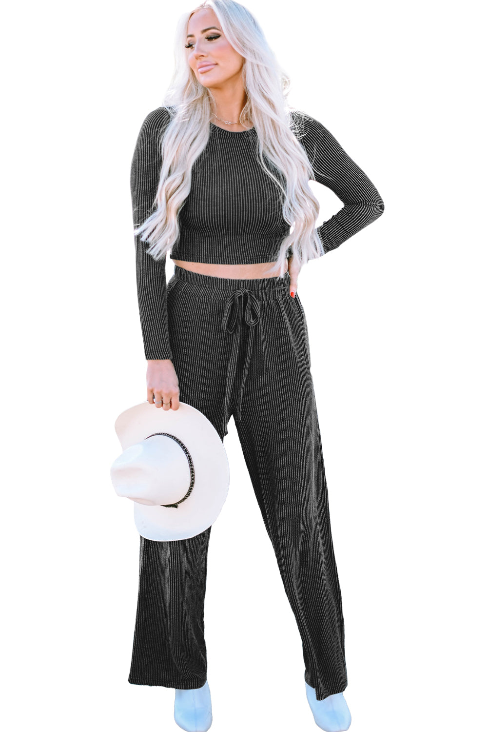 Carbon Grey Corded Long Sleeve Top Wide Leg Pants Set