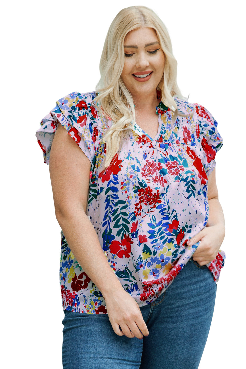 Fiery Red Plus Floral Print Ruffle Cap Sleeve V Neck Blouse