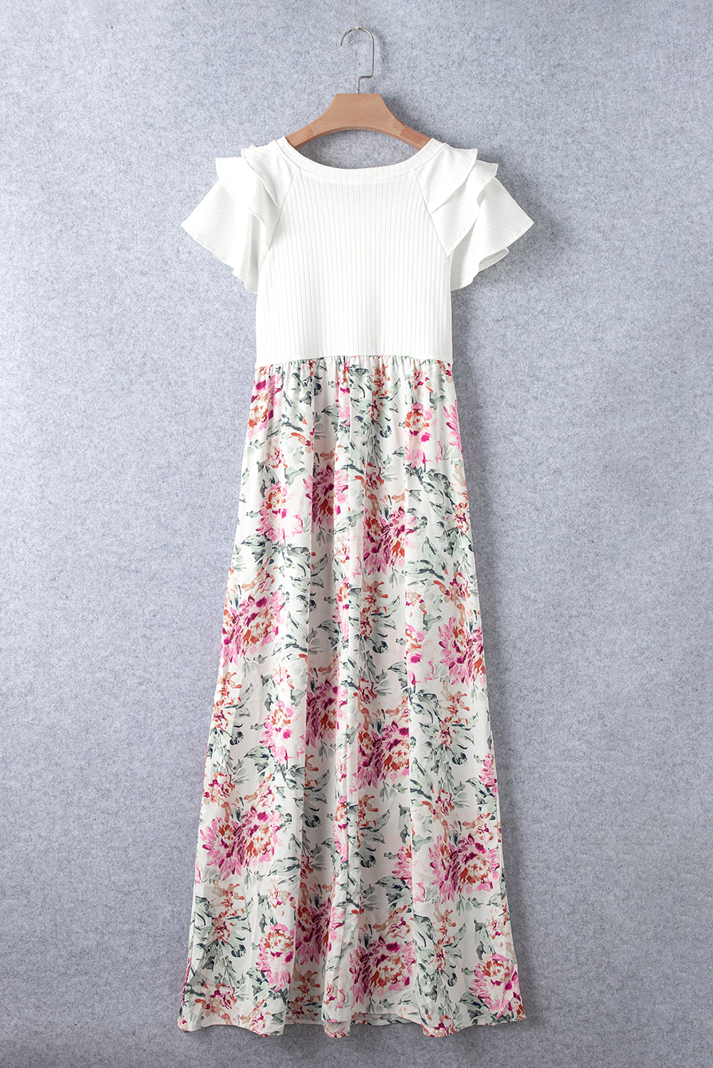 Bijela cvjetna patchwork rebrasta maksi haljina s džepovima