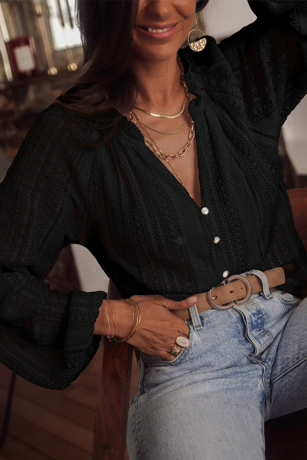 White V-Neck Long Sleeve Button Up Lace Shirt