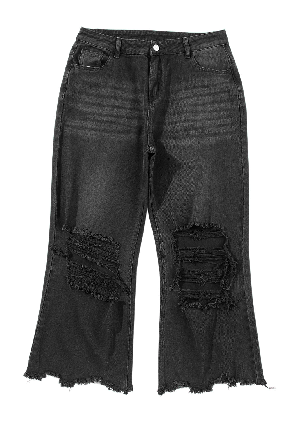 Black Distressed Hollow-out High Waist Cropped Flare Jeans