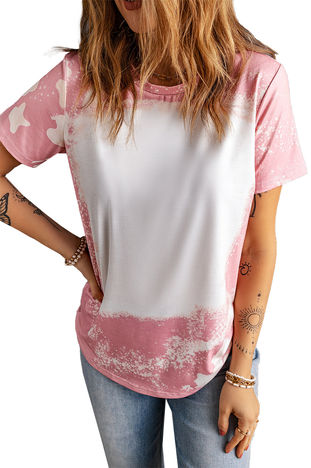 T-shirt à manches courtes blanchi de couleur tie-dye rose