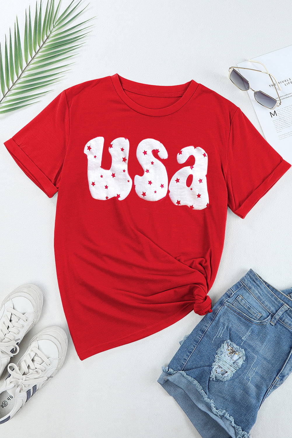 Red USA Stars Print Round Neck O Neck Casual Tee