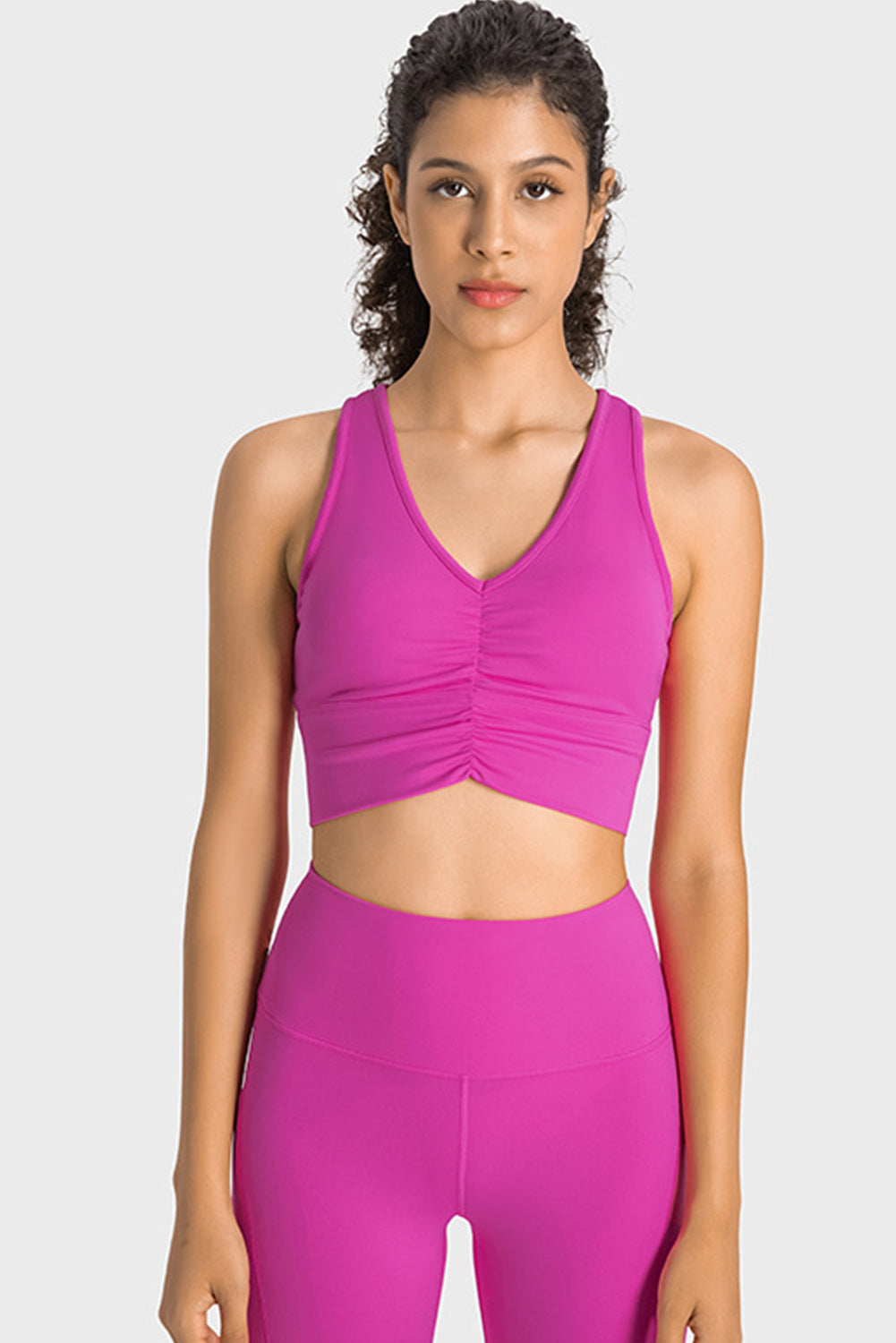 Rose Red Ruched V Neck Active Cropped Tank