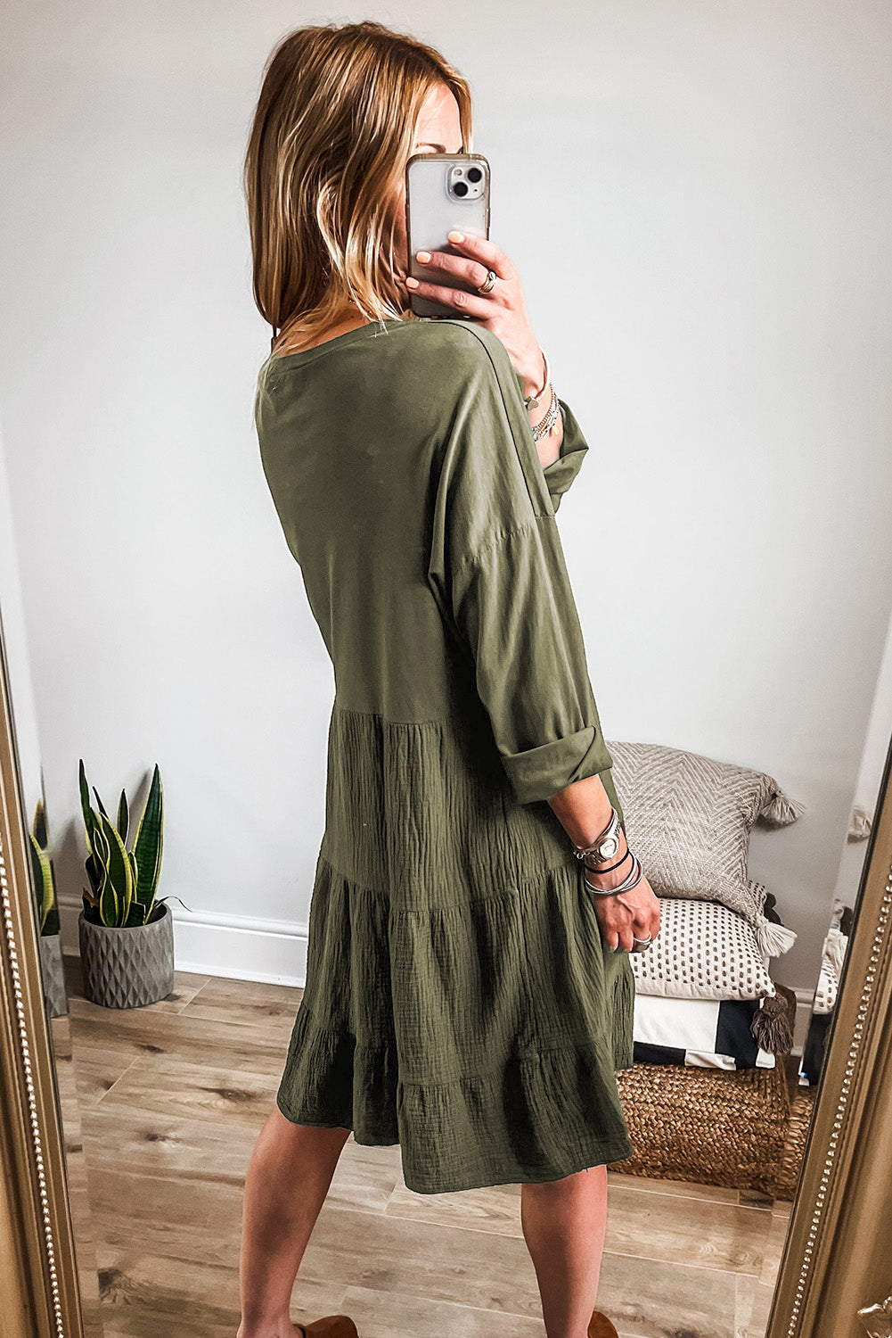 Moss zelena naborana patchwork mini haljina dugih rukava