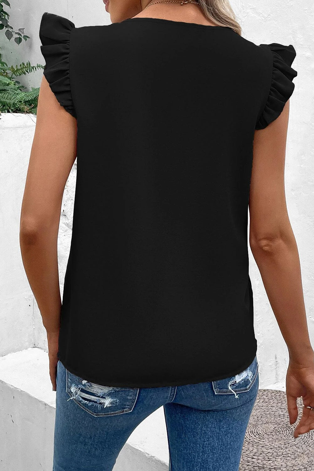 Schwarze Bluse mit kontrastierenden Pailletten, V-Ausschnitt und Flatterärmeln