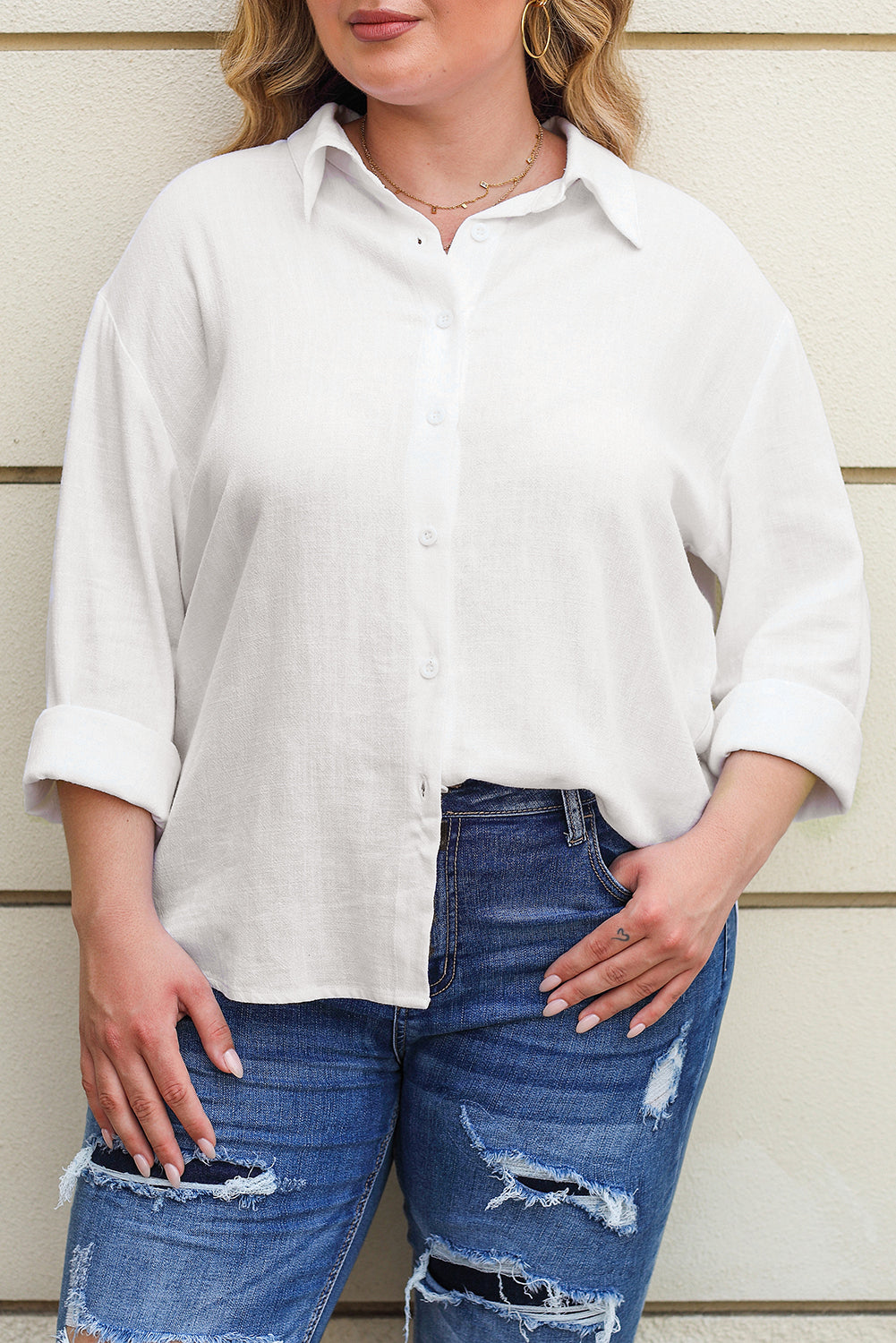 Chemise boutonnée texturée en lin blanche grande taille