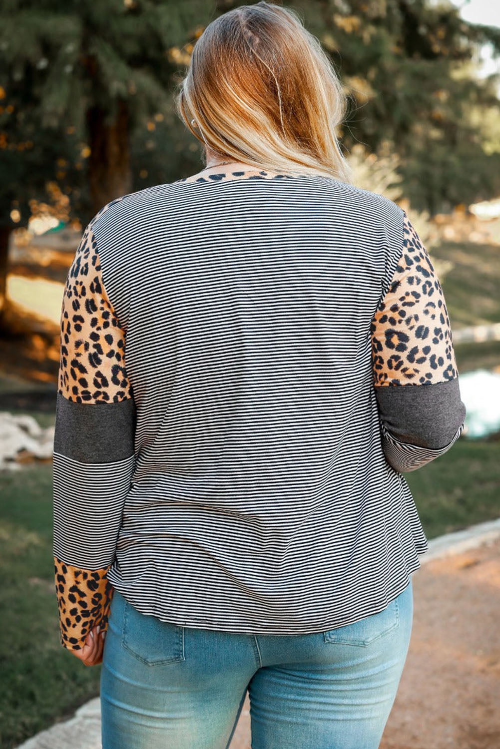 Léopard T-shirt à manches longues en patchwork à rayures vache/léopard de grande taille