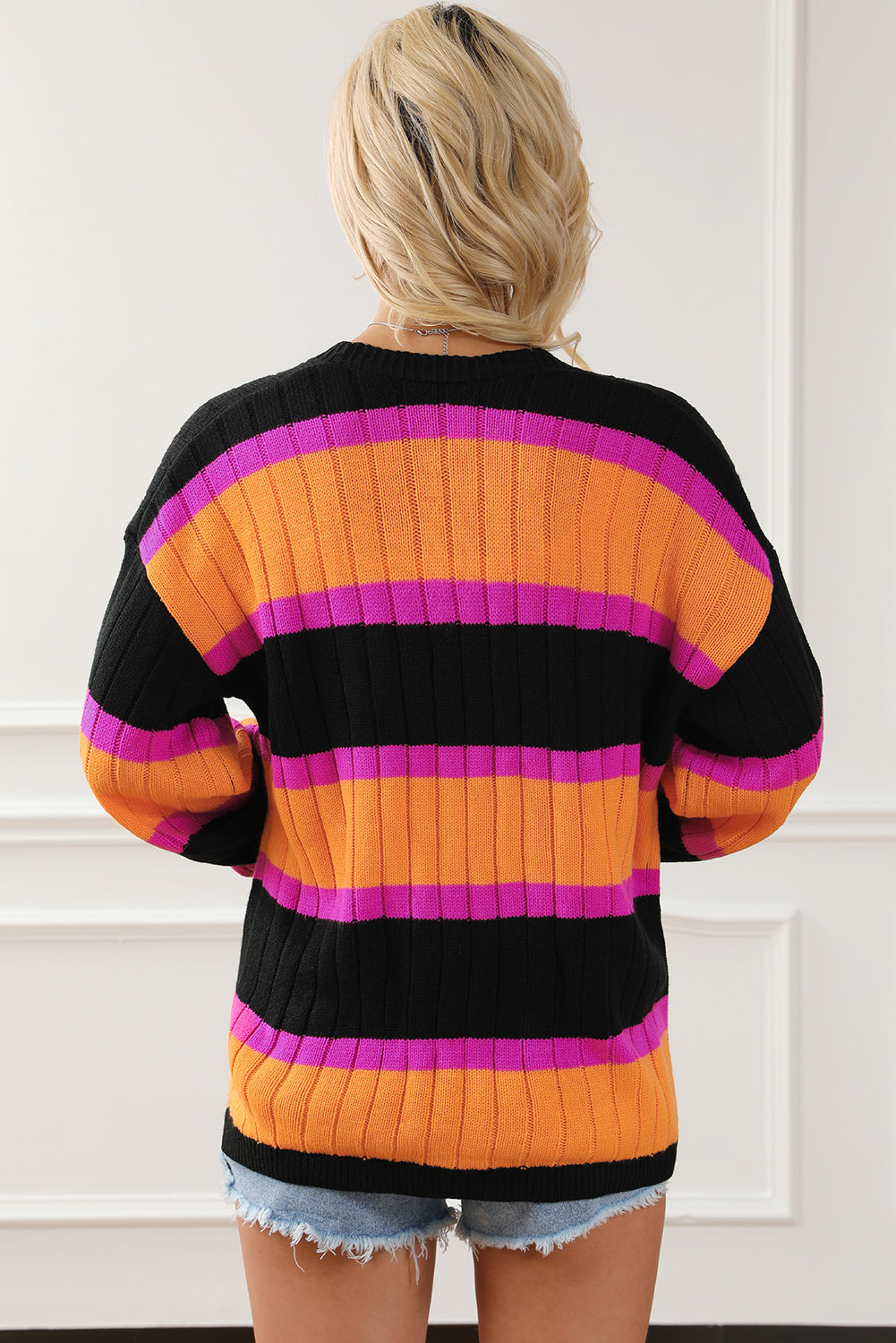 Black Striped Colorblock Drop Shoulder Slouchy Cardigan