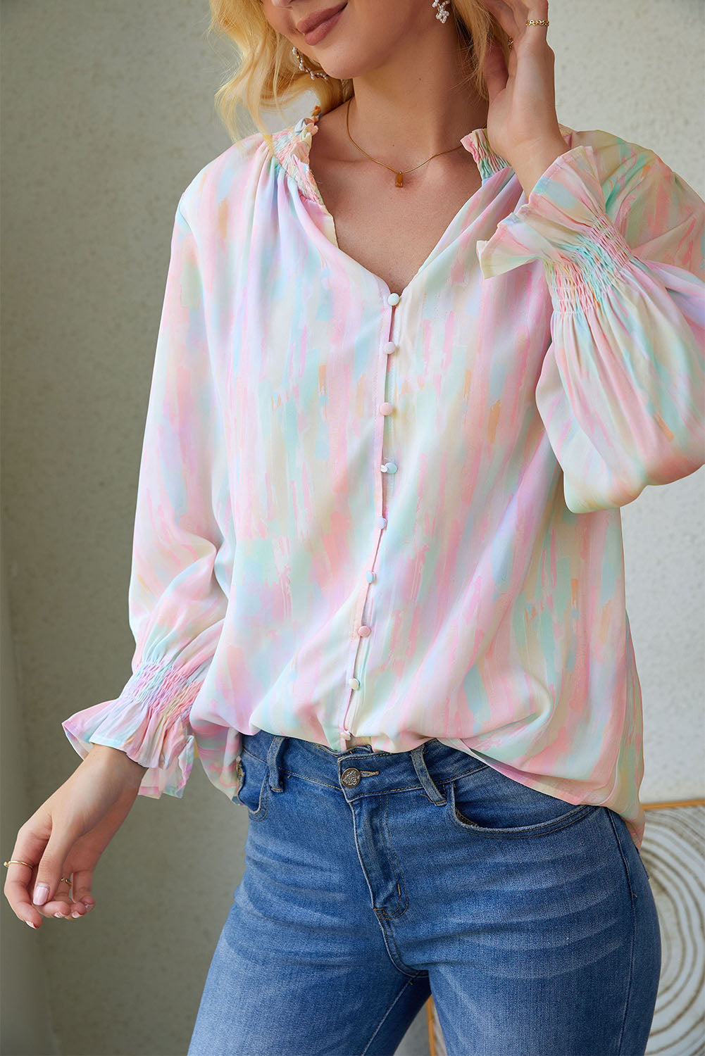 Multicolor Abstract Print Frilled Buttoned Long Sleeve Shirt