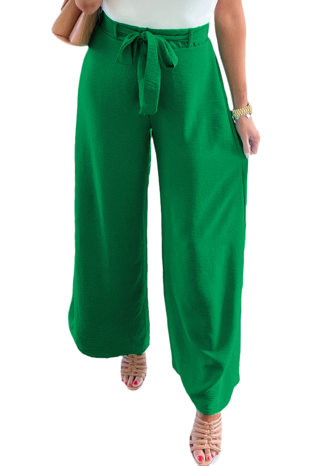 Pantalon large ceinturé à taille haute vert vif