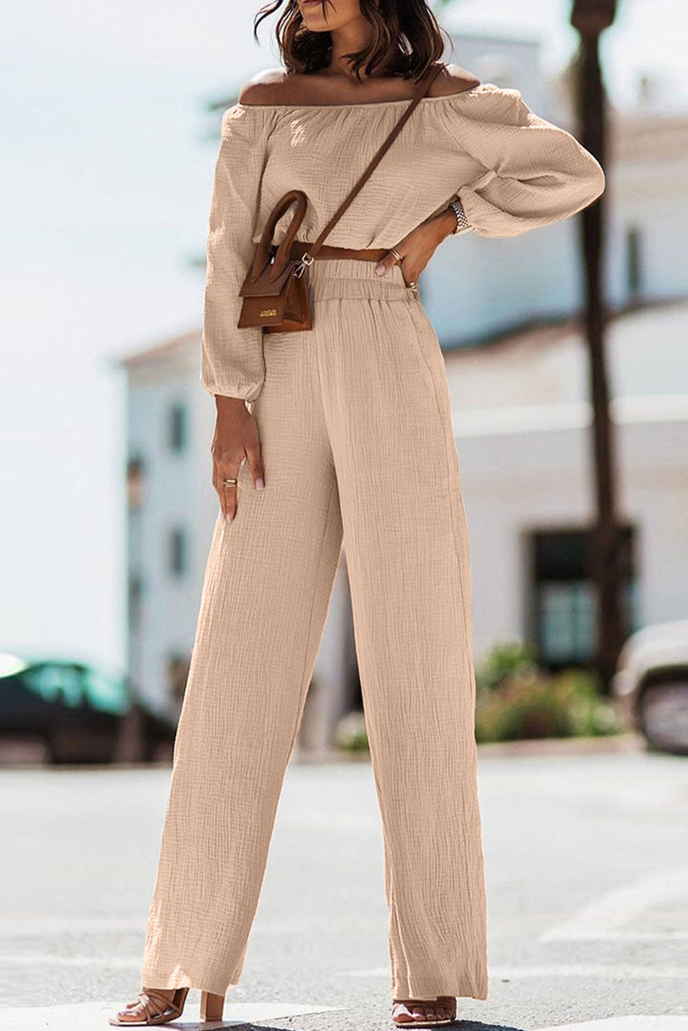 Ensemble deux pièces kaki à manches longues bouffantes et taille haute froissé