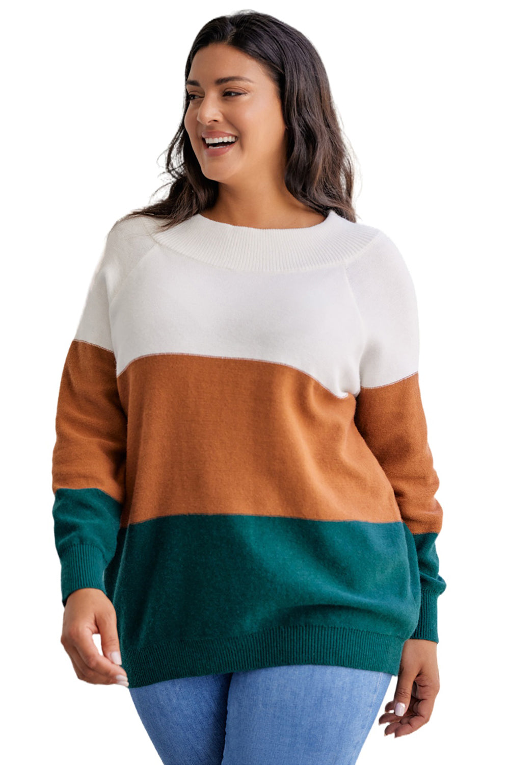 Brauner Plus-Size-Pullover mit geripptem Besatz und Farbblockdesign