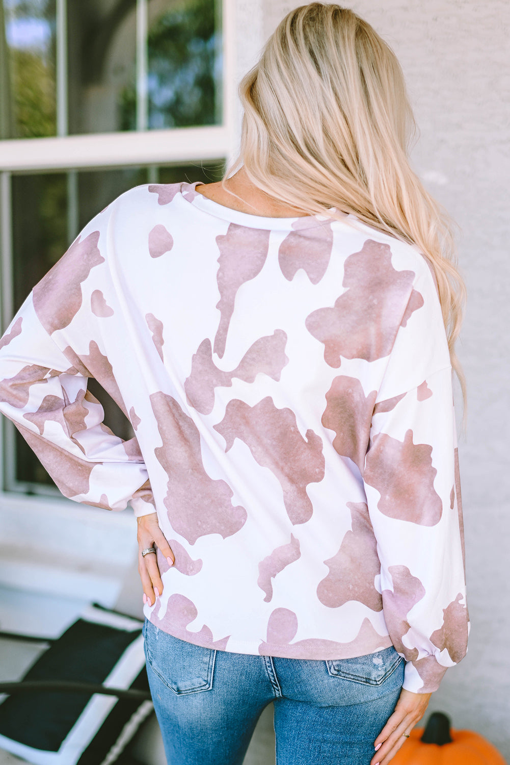 Brown Cow Spots Print Drop Shoulder Puff Sleeve Sweatshirt